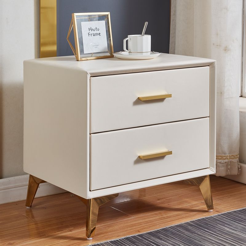 Modern Minimalist Medium-Density Fiberboard PU Leather Metal Square Nightstand With 2 Drawers For Bedroom