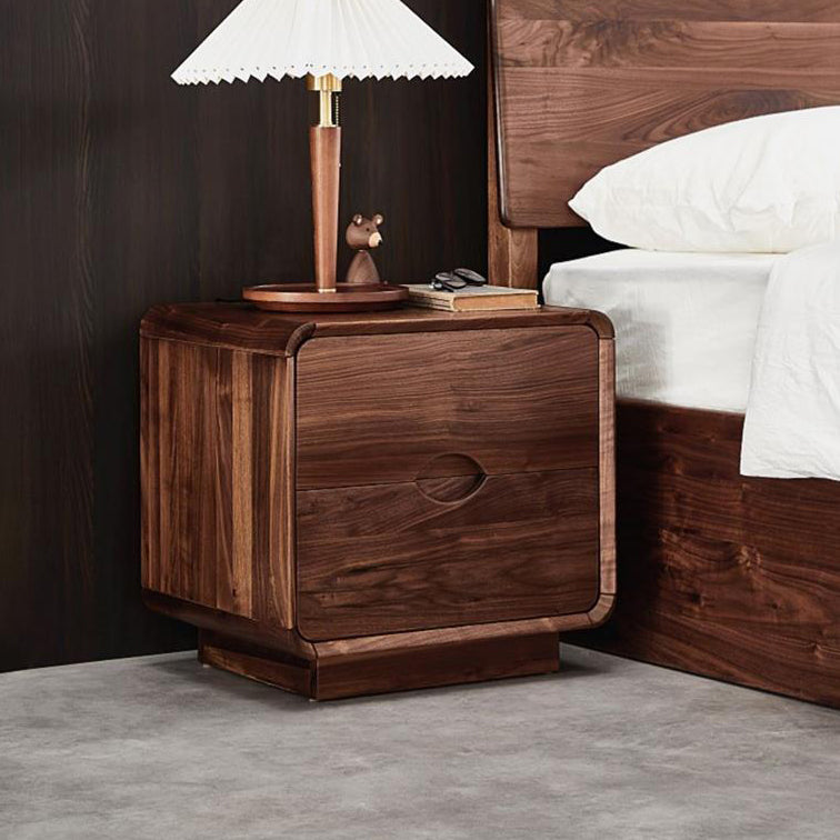 Traditional Vintage Black Walnut Rounded Square Nightstand With 2 Drawers For Bedroom