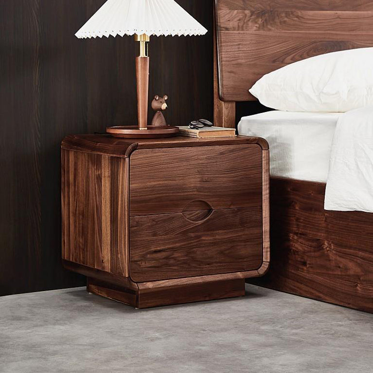 Traditional Vintage Black Walnut Rounded Square Nightstand With 2 Drawers For Bedroom