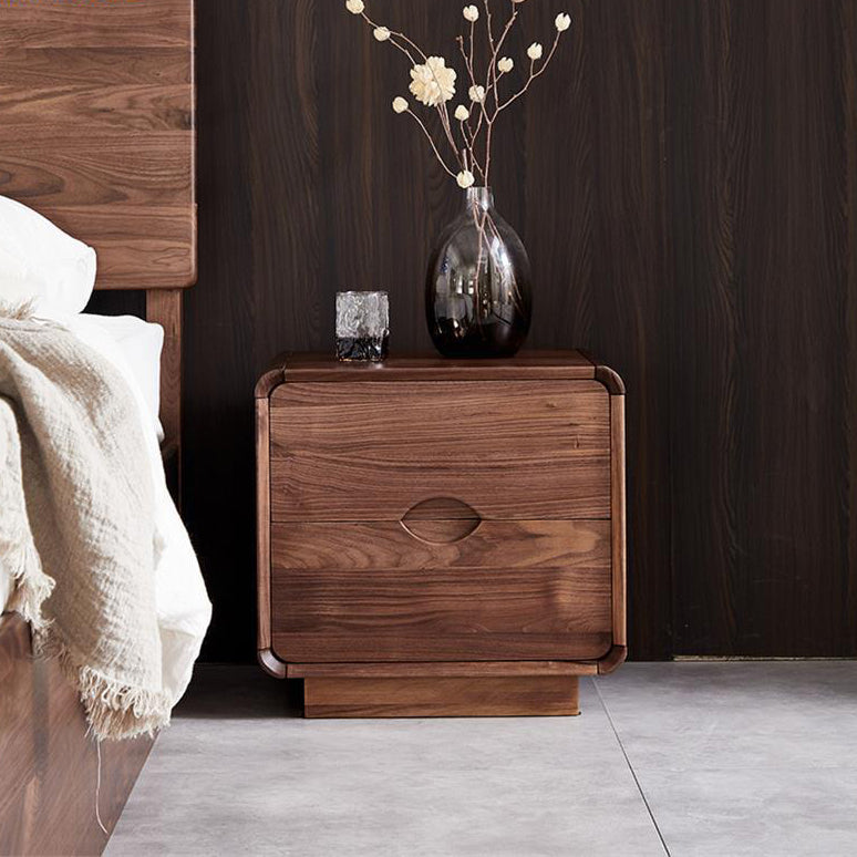 Traditional Vintage Black Walnut Rounded Square Nightstand With 2 Drawers For Bedroom