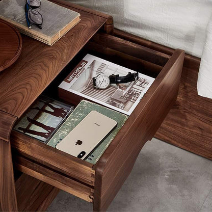 Traditional Vintage Black Walnut Rounded Square Nightstand With 2 Drawers For Bedroom