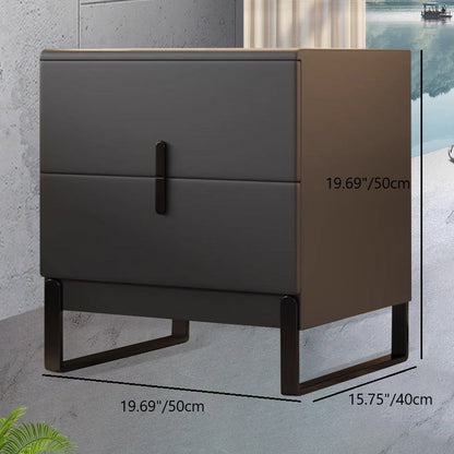 Modern Minimalist Solid Wood Carbon Steel Leather Rectangular Nightstand With 2-Drawers For Bedroom