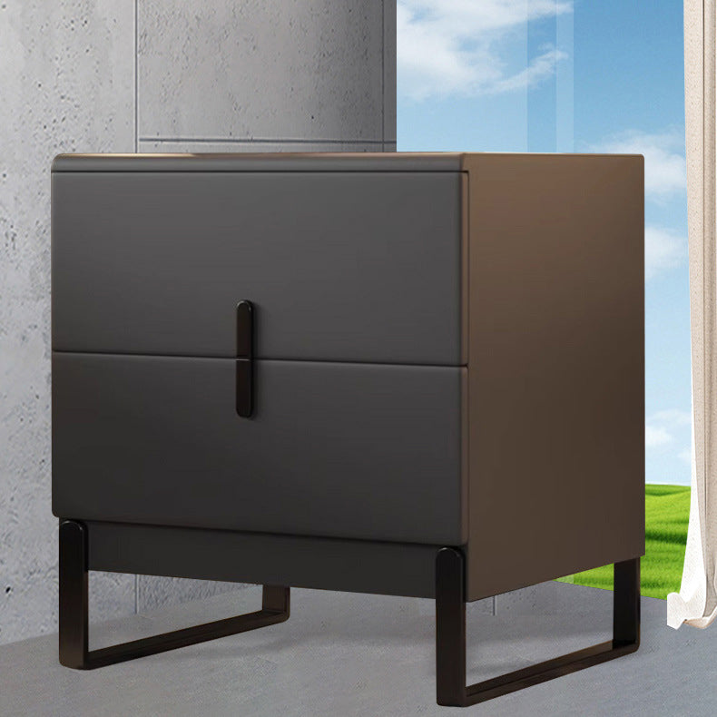Modern Minimalist Solid Wood Carbon Steel Leather Rectangular Nightstand With 2-Drawers For Bedroom