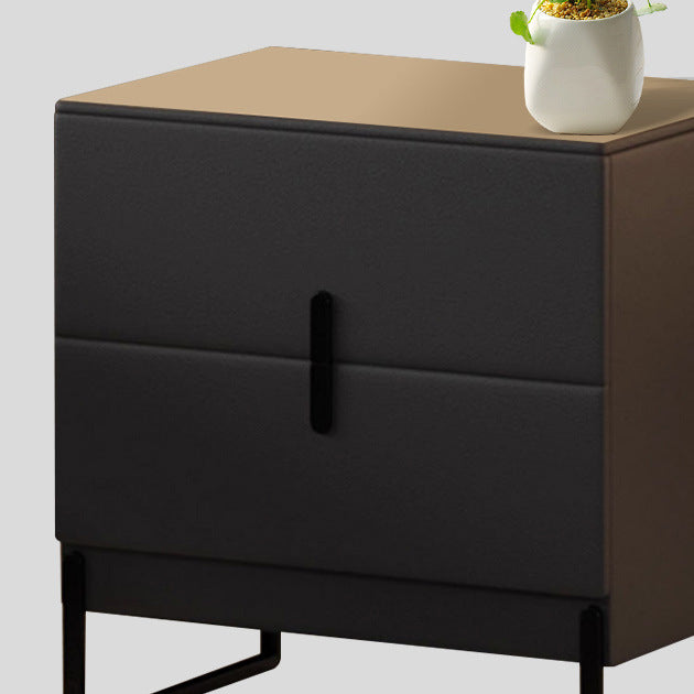 Modern Minimalist Solid Wood Carbon Steel Leather Rectangular Nightstand With 2-Drawers For Bedroom