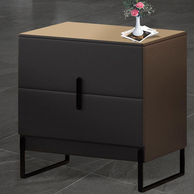 Modern Minimalist Solid Wood Carbon Steel Leather Rectangular Nightstand With 2-Drawers For Bedroom