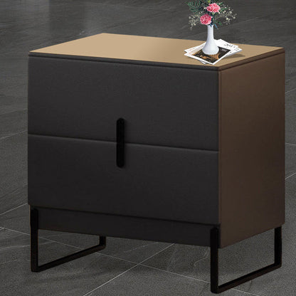 Modern Minimalist Solid Wood Carbon Steel Leather Rectangular Nightstand With 2-Drawers For Bedroom