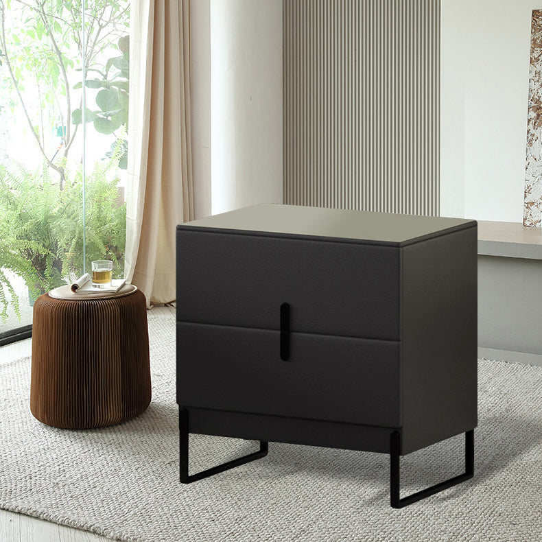 Modern Minimalist Solid Wood Carbon Steel Leather Rectangular Nightstand With 2-Drawers For Bedroom