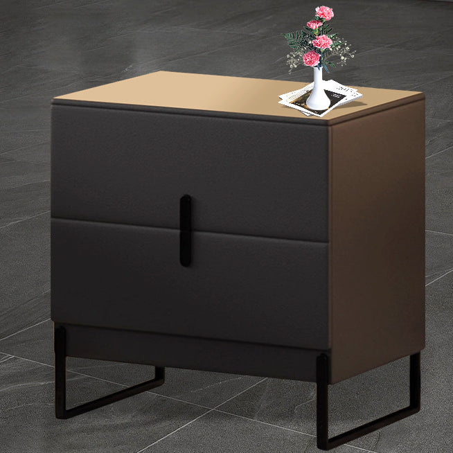 Modern Minimalist Solid Wood Carbon Steel Leather Rectangular Nightstand With 2-Drawers For Bedroom