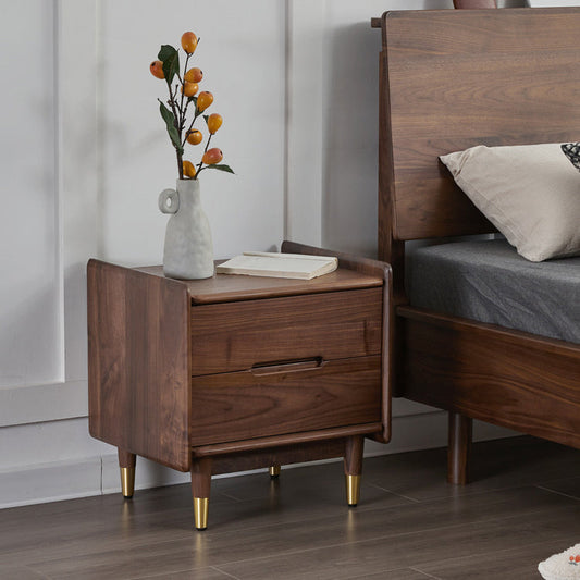 Contemporary Scandinavian Black Walnut Square Nightstand 2-Drawers For Bedroom