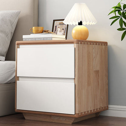 Modern Minimalist Solid Wood Square Nightstand 2-Drawer For Bedroom