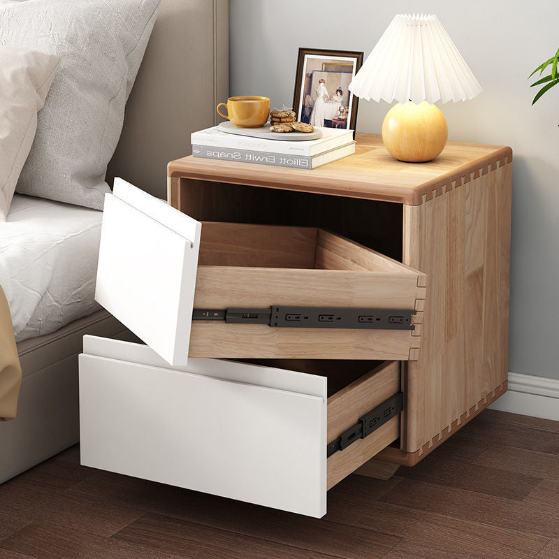 Modern Minimalist Solid Wood Square Nightstand 2-Drawer For Bedroom