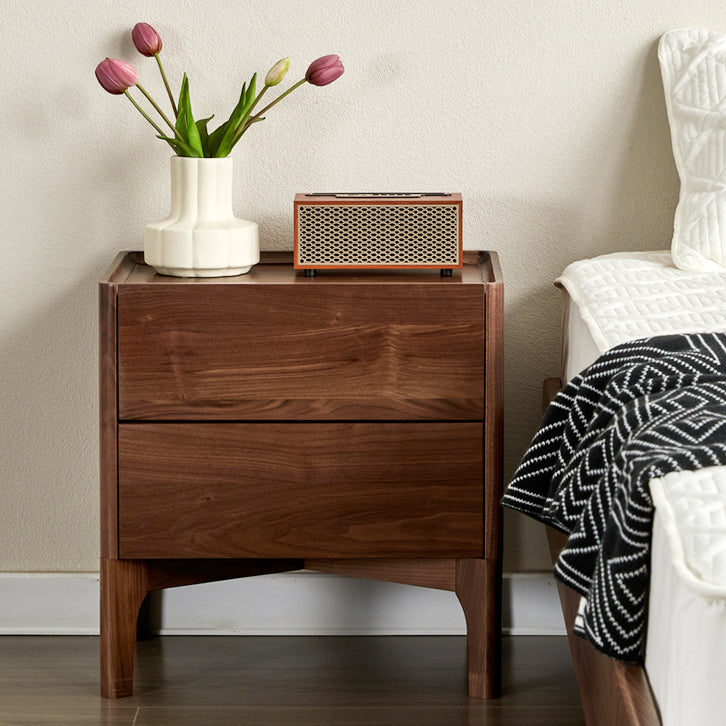 Traditional Vintage Black Walnut Square Rectangular Nightstand 2-Drawers For Bedroom