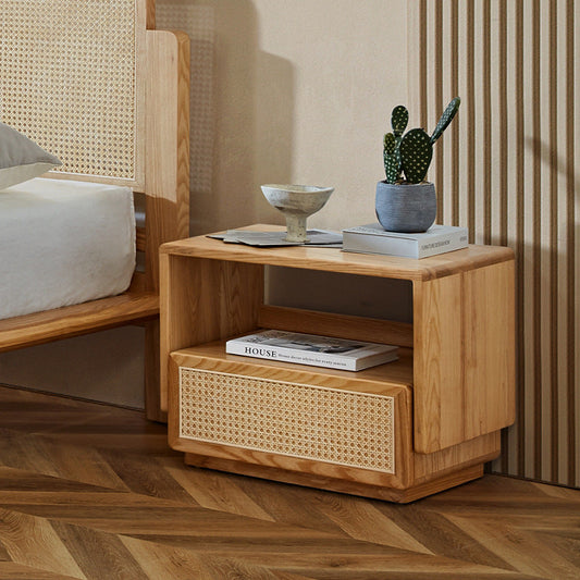 Modern Minimalist Ash Wood Rounded Rectangular Nightstand With 1-Drawer For Bedroom