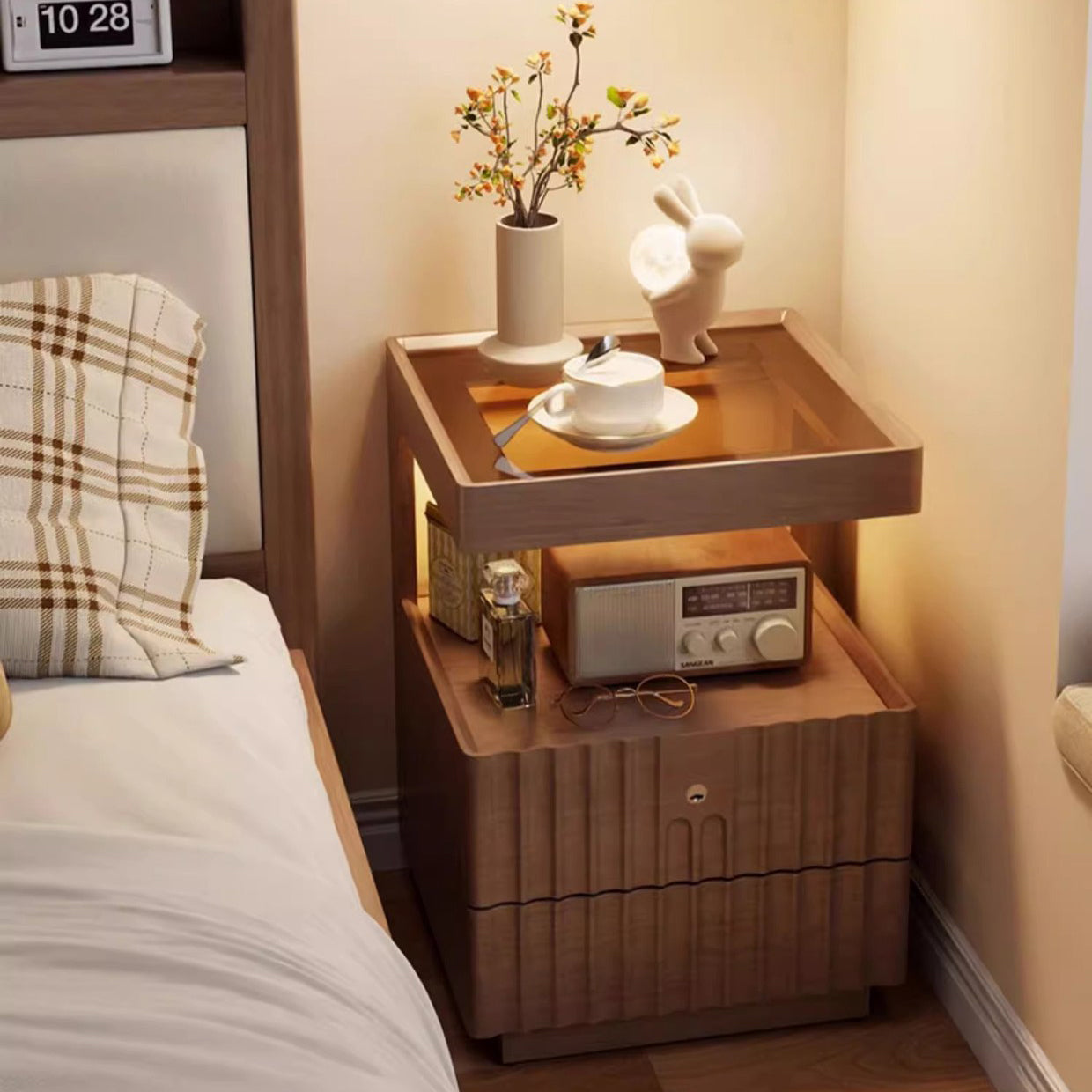 Traditional Chinese Solid Wood Glass Striped Square Nightstand With 2-Drawers For Bedroom