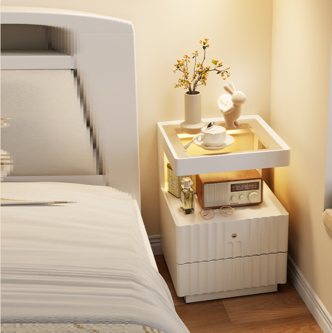Traditional Chinese Solid Wood Glass Striped Square Nightstand With 2-Drawers For Bedroom