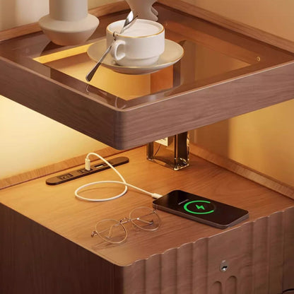 Traditional Chinese Solid Wood Glass Striped Square Nightstand With 2-Drawers For Bedroom