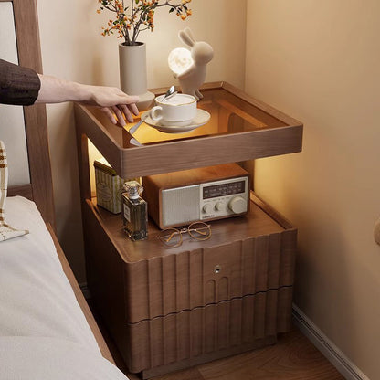 Traditional Chinese Solid Wood Glass Striped Square Nightstand With 2-Drawers For Bedroom