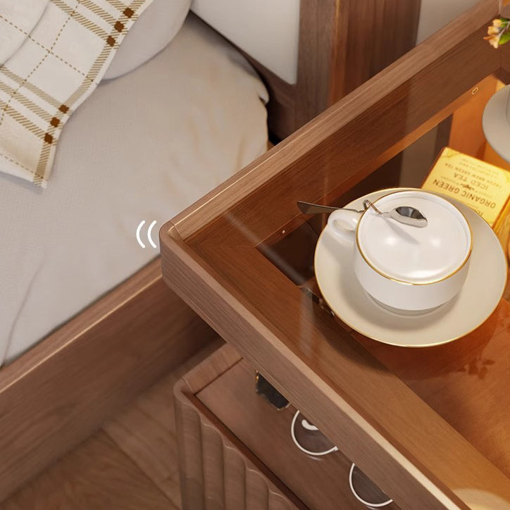 Traditional Chinese Solid Wood Glass Striped Square Nightstand With 2-Drawers For Bedroom