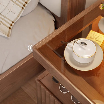 Traditional Chinese Solid Wood Glass Striped Square Nightstand With 2-Drawers For Bedroom