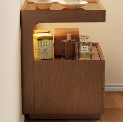 Traditional Chinese Solid Wood Glass Striped Square Nightstand With 2-Drawers For Bedroom
