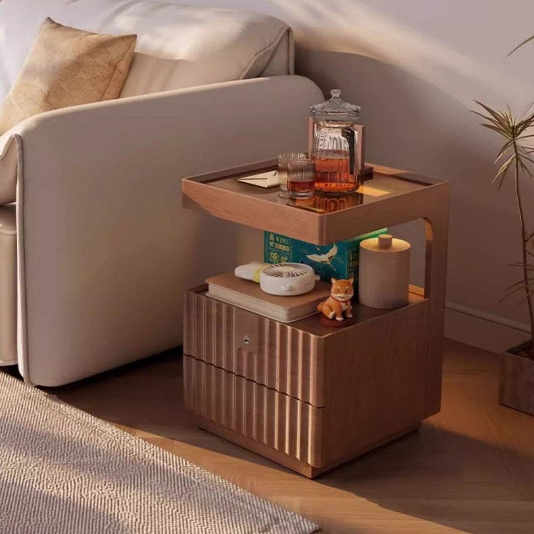 Traditional Chinese Solid Wood Glass Striped Square Nightstand With 2-Drawers For Bedroom