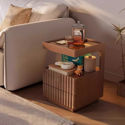 Traditional Chinese Solid Wood Glass Striped Square Nightstand With 2-Drawers For Bedroom