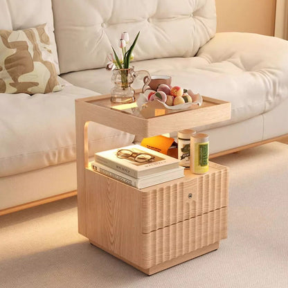 Traditional Chinese Solid Wood Glass Striped Square Nightstand With 2-Drawers For Bedroom