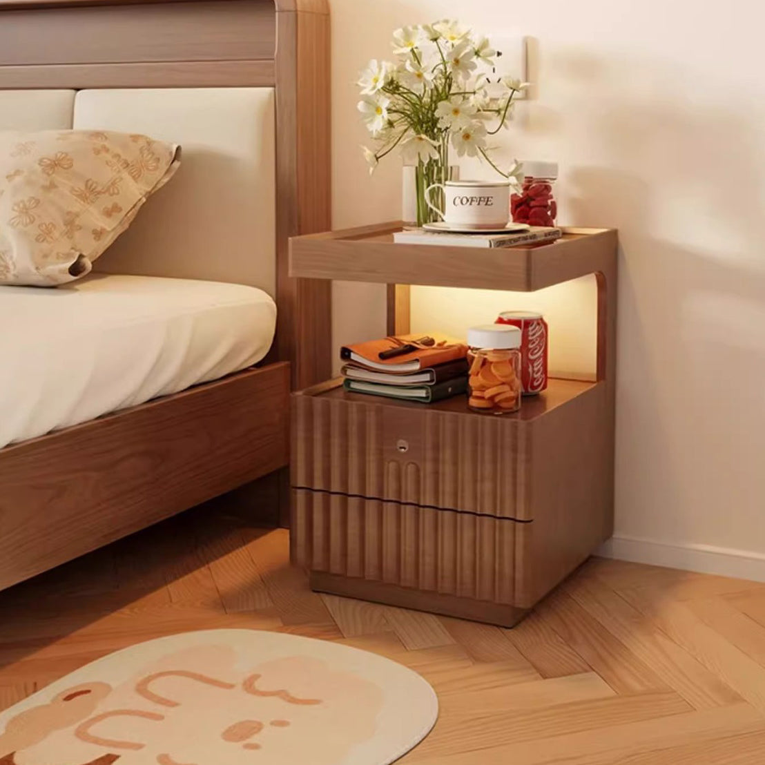 Traditional Chinese Solid Wood Glass Striped Square Nightstand With 2-Drawers For Bedroom
