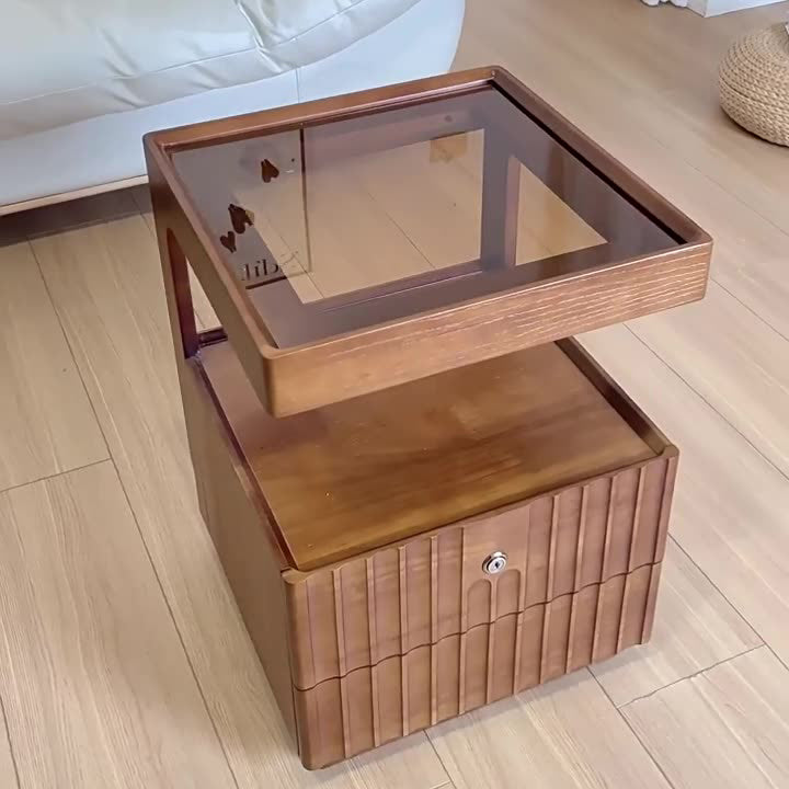 Traditional Chinese Solid Wood Glass Striped Square Nightstand With 2-Drawers For Bedroom