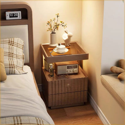 Traditional Chinese Solid Wood Glass Striped Square Nightstand With 2-Drawers For Bedroom