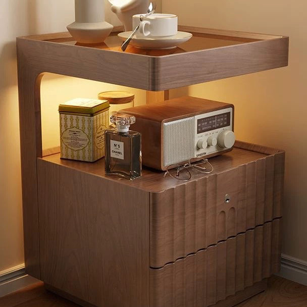 Traditional Chinese Solid Wood Glass Striped Square Nightstand With 2-Drawers For Bedroom