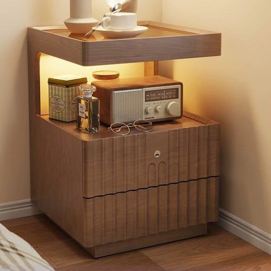 Traditional Chinese Solid Wood Glass Striped Square Nightstand With 2-Drawers For Bedroom