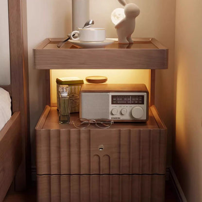 Traditional Chinese Solid Wood Glass Striped Square Nightstand With 2-Drawers For Bedroom
