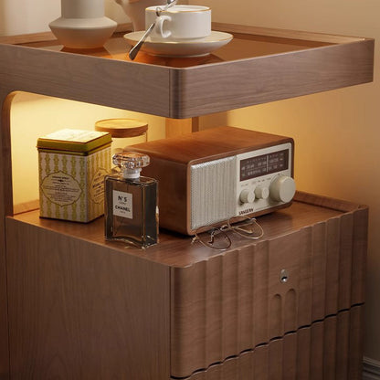 Traditional Chinese Solid Wood Glass Striped Square Nightstand With 2-Drawers For Bedroom