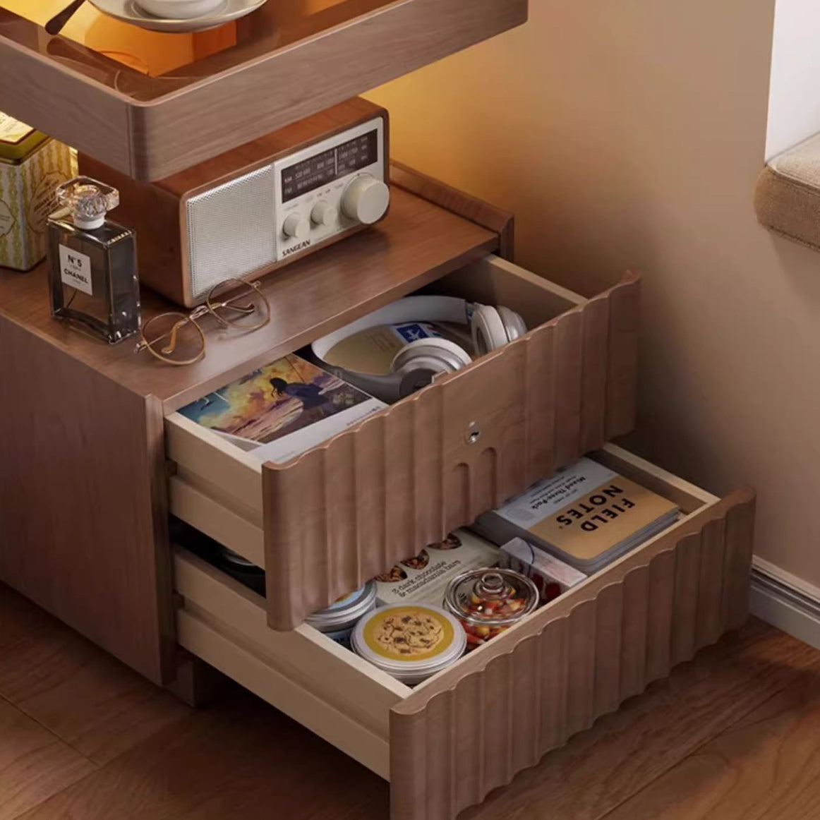 Traditional Chinese Solid Wood Glass Striped Square Nightstand With 2-Drawers For Bedroom