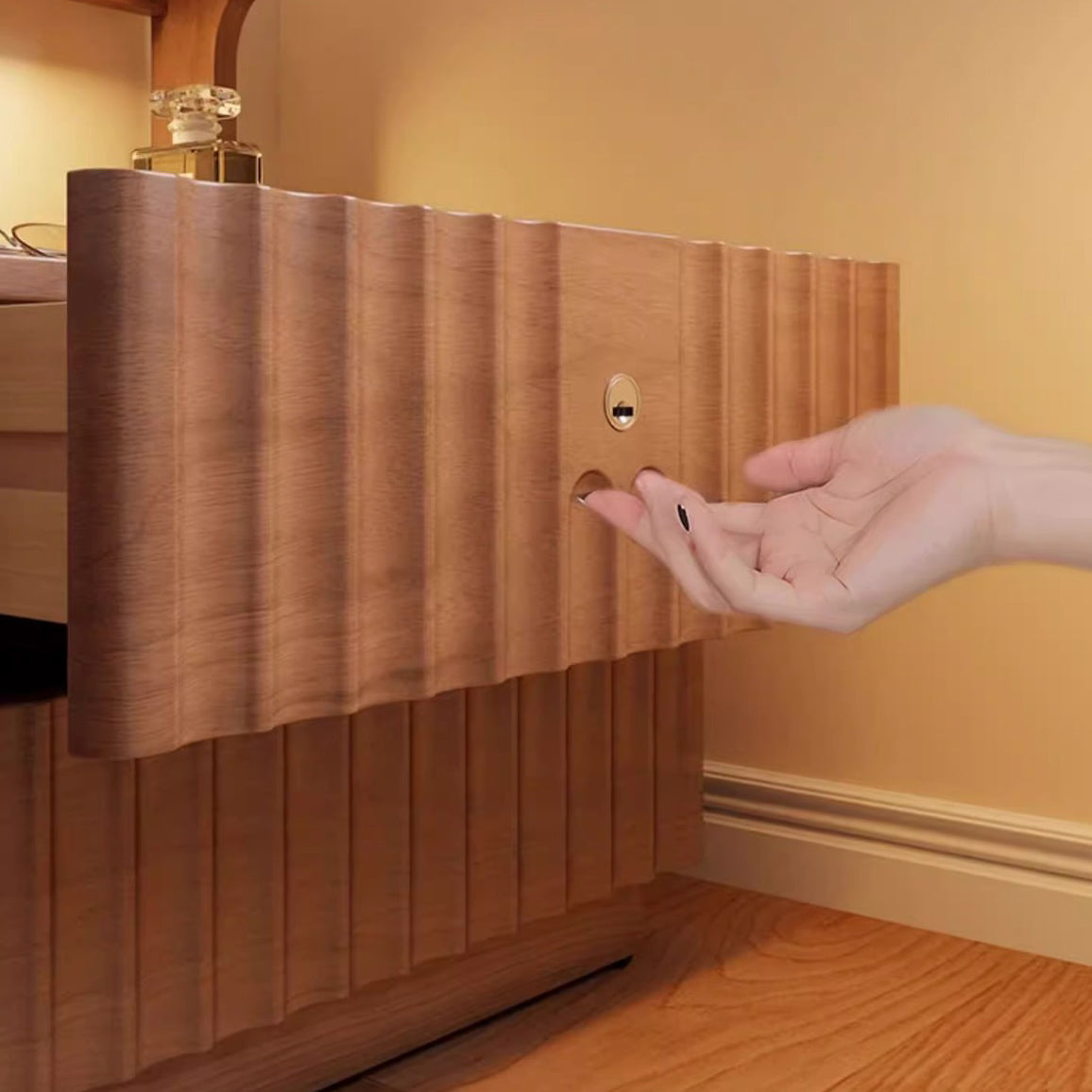 Traditional Chinese Solid Wood Glass Striped Square Nightstand With 2-Drawers For Bedroom