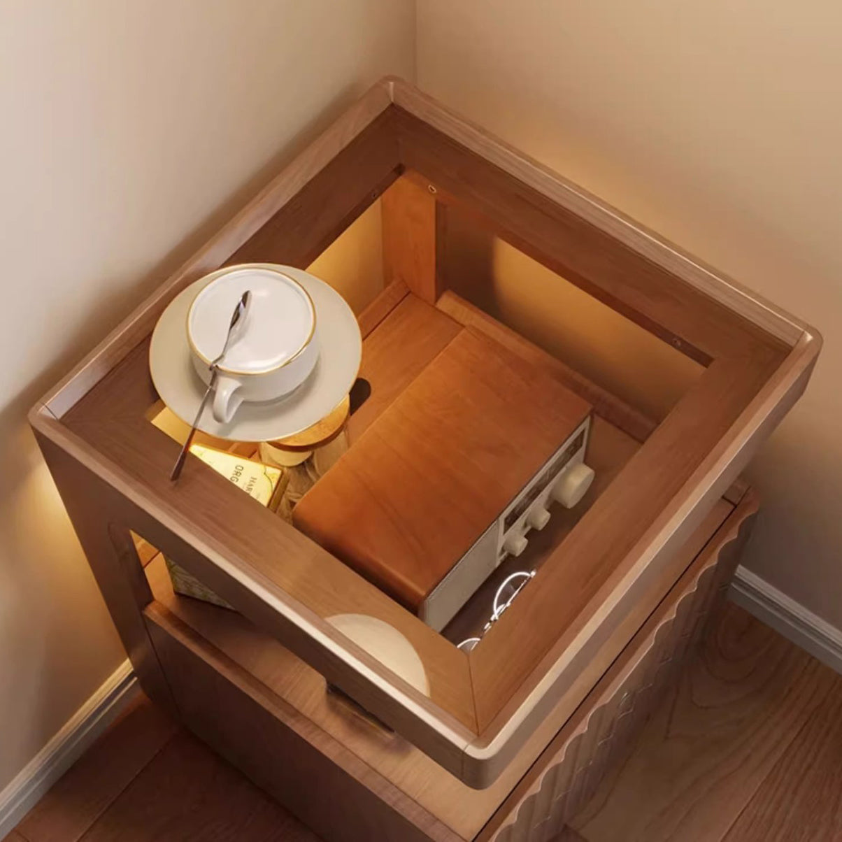 Traditional Chinese Solid Wood Glass Striped Square Nightstand With 2-Drawers For Bedroom