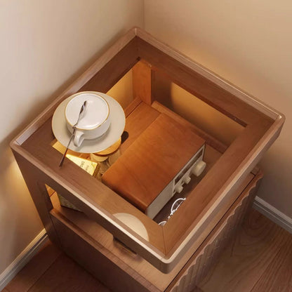 Traditional Chinese Solid Wood Glass Striped Square Nightstand With 2-Drawers For Bedroom