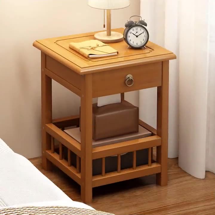 Traditional Vintage Bamboo Medium Density Fiberboard Square Rectangular Nightstand 2-Tier For Bedroom