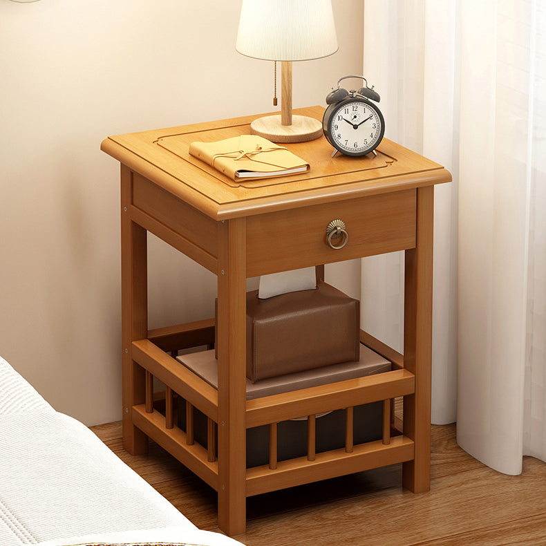Traditional Vintage Bamboo Medium Density Fiberboard Square Rectangular Nightstand 2-Tier For Bedroom