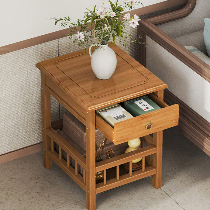 Traditional Vintage Bamboo Medium Density Fiberboard Square Rectangular Nightstand 2-Tier For Bedroom