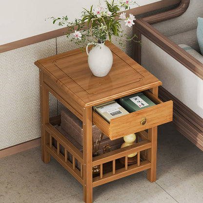 Traditional Vintage Bamboo Medium Density Fiberboard Square Rectangular Nightstand 2-Tier For Bedroom