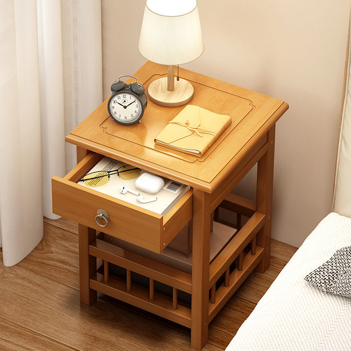 Traditional Vintage Bamboo Medium Density Fiberboard Square Rectangular Nightstand 2-Tier For Bedroom