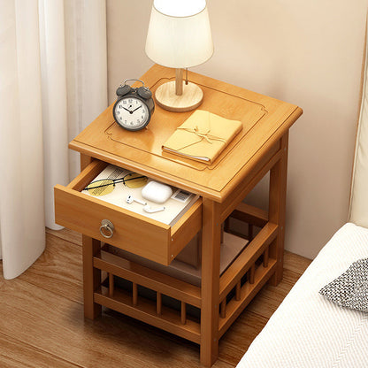 Traditional Vintage Bamboo Medium Density Fiberboard Square Rectangular Nightstand 2-Tier For Bedroom