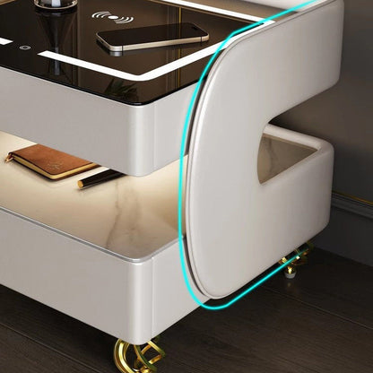 Contemporary Scandinavian Sintered Stone Glass Metal Wood Square Nightstand 2-Tier For Bedroom