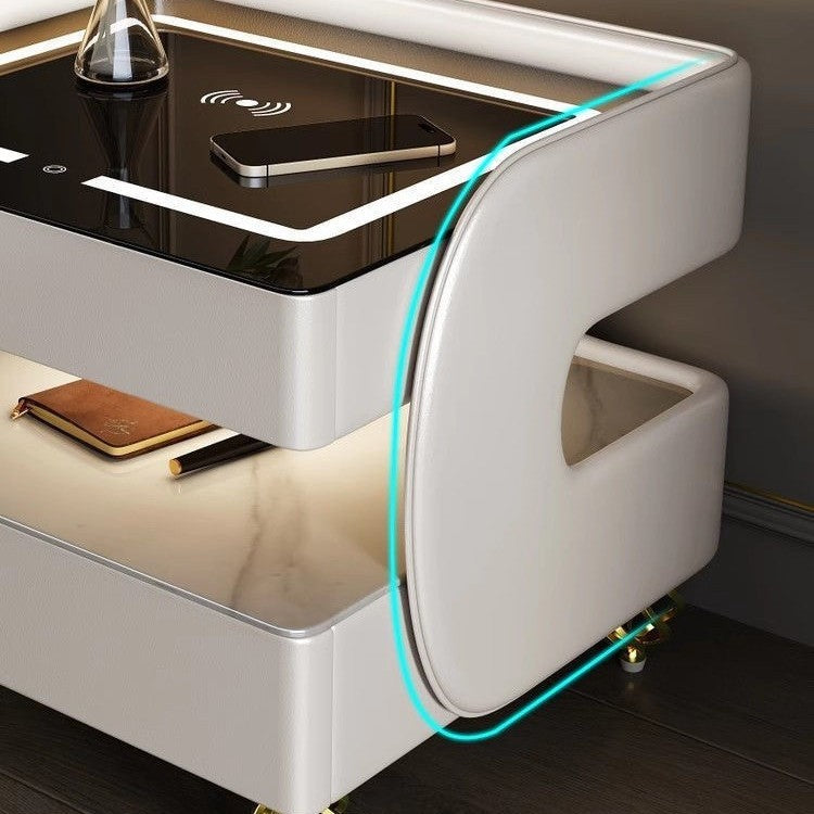 Contemporary Scandinavian Sintered Stone Glass Metal Wood Square Nightstand 2-Tier For Bedroom