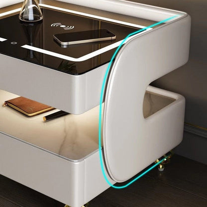 Contemporary Scandinavian Sintered Stone Glass Metal Wood Square Nightstand 2-Tier For Bedroom