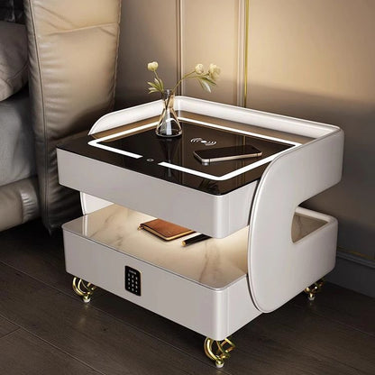 Contemporary Scandinavian Sintered Stone Glass Metal Wood Square Nightstand 2-Tier For Bedroom