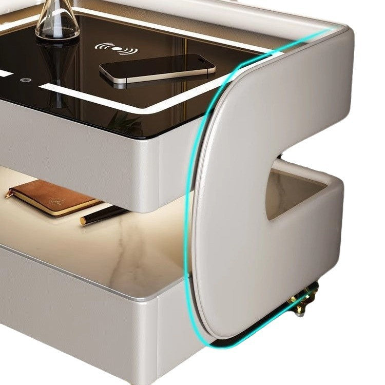 Contemporary Scandinavian Sintered Stone Glass Metal Wood Square Nightstand 2-Tier For Bedroom