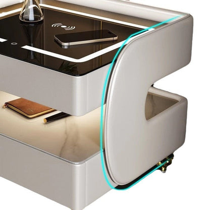 Contemporary Scandinavian Sintered Stone Glass Metal Wood Square Nightstand 2-Tier For Bedroom